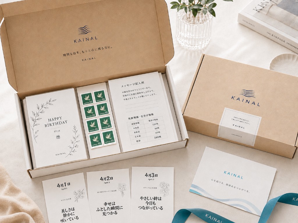 KAINALの誕生日はがき納品セット。段ボール箱、はがき、切手、仕分け明細、メッセージ例などが整然と並べられたイメージ。