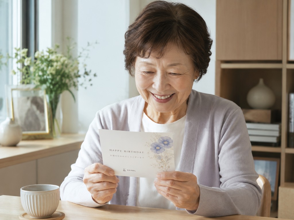 誕生日のはがきを見つめるお客様のイメージ