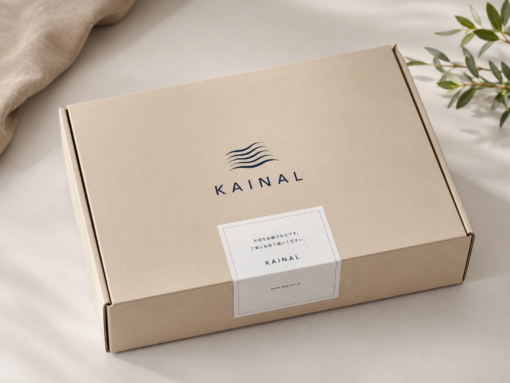 KAINALロゴ入りの納品箱。大切なお届け物のシール付き。