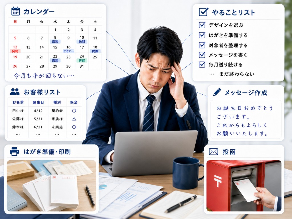 保全課題：デスクで頭を抱えるビジネスパーソン。カレンダー、やることリスト、お客様リスト、メッセージ作成、はがき準備・印刷、投函（ポスト）など、手作業の保全業務が重なっている様子を示すイラスト。